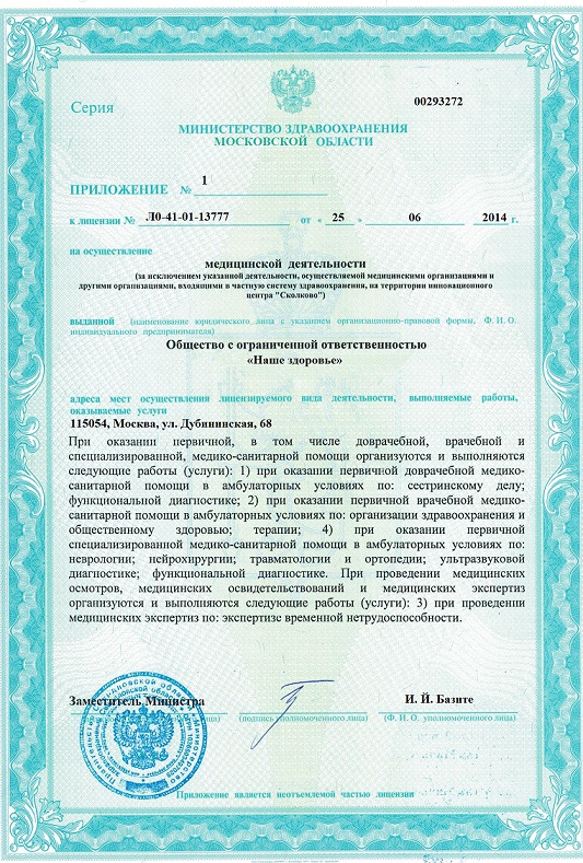 Лицензия о регистрации ООО Наше здоровье